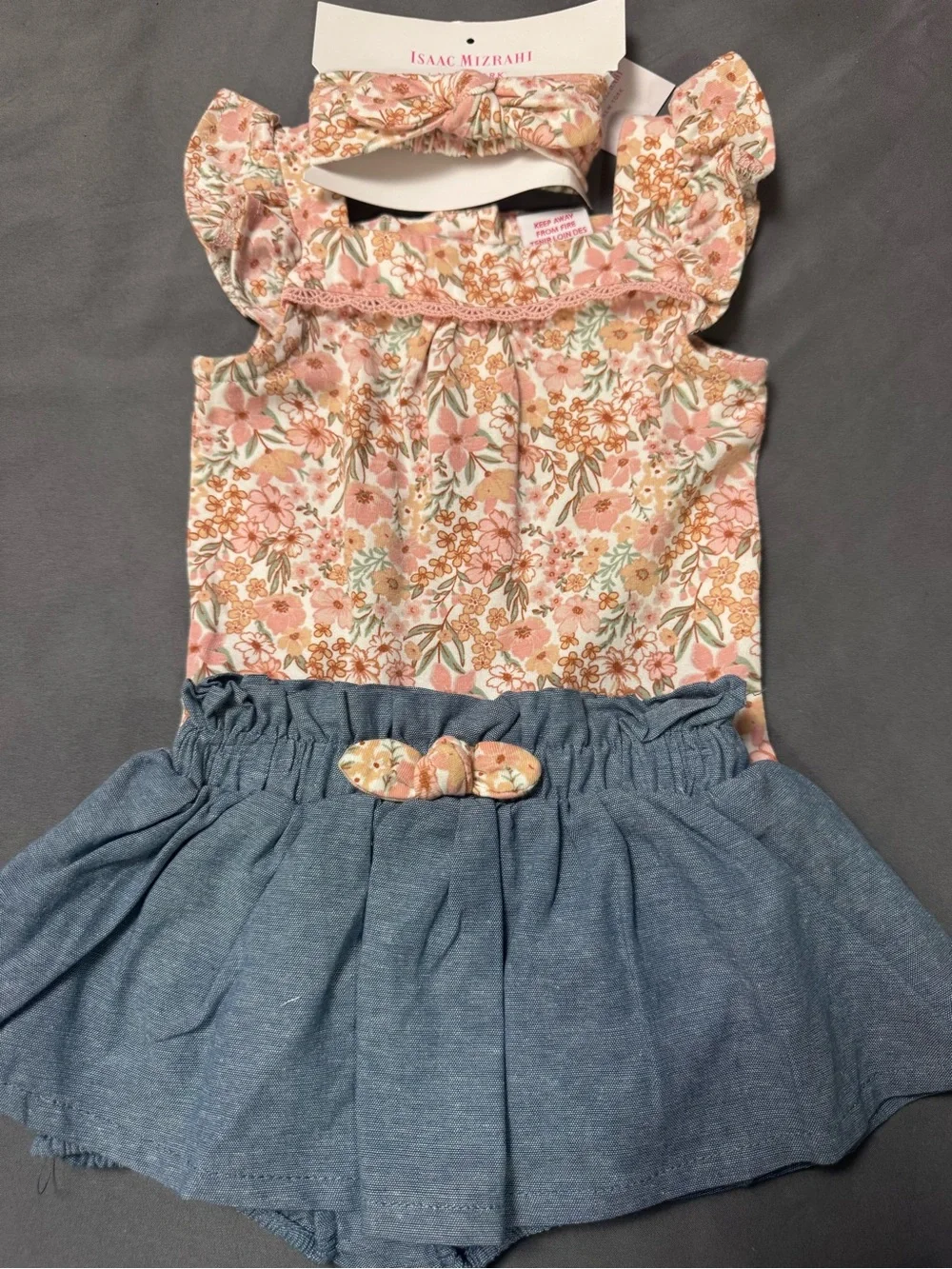 Isaac Mizrahi Pink Floral Bodysuit with Blue Skirt & Headband-0016